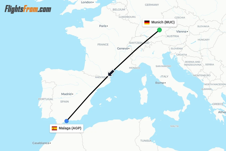 Flights from Munich to Malaga route map
