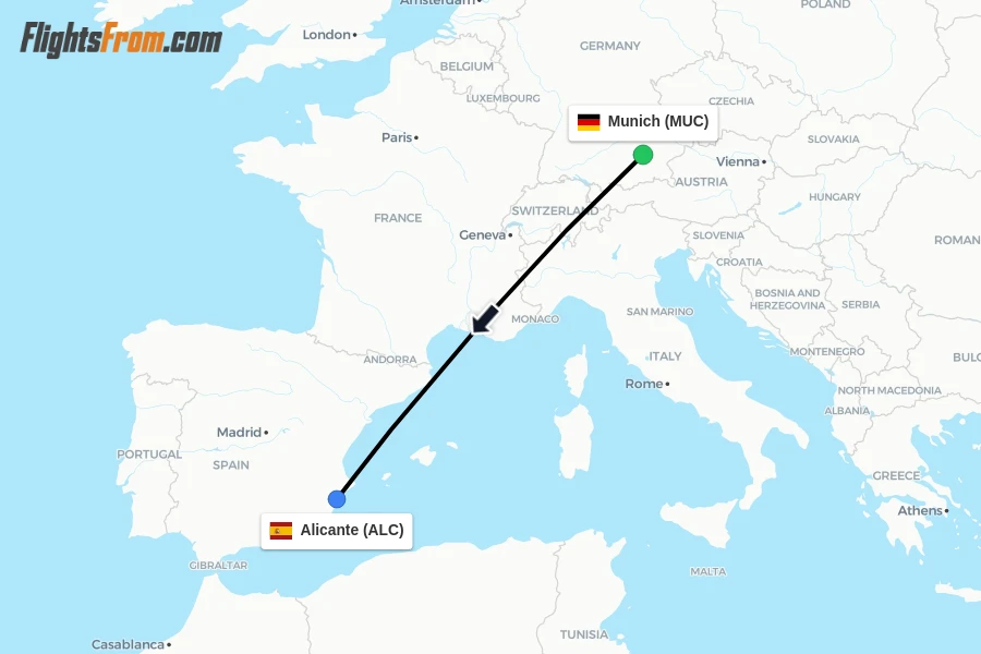 Flights from Munich to Alicante route map