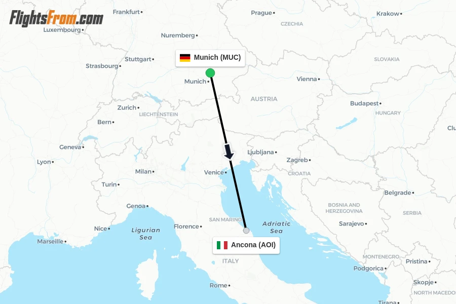 Flights from Munich to Ancona route map