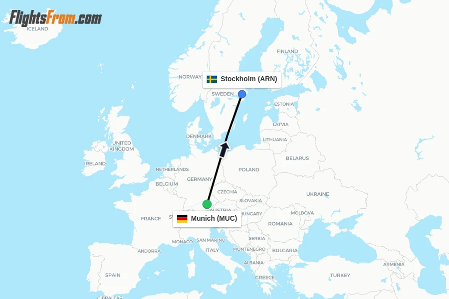 Flights from Munich to Stockholm route map