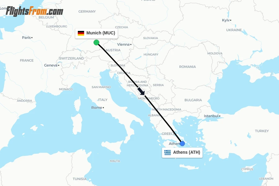 Flights from Munich to Athens route map