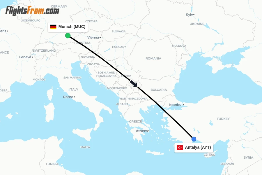 Flights from Munich to Antalya route map
