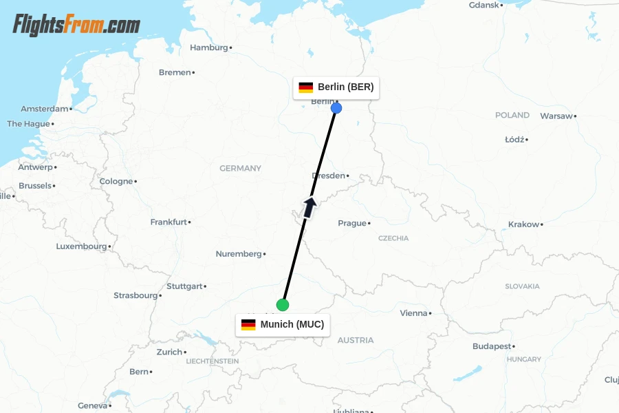 Flights from Munich to Berlin route map