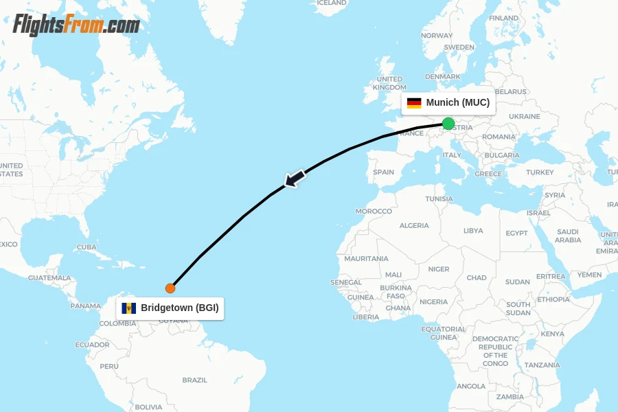 Flights from Munich to Bridgetown route map