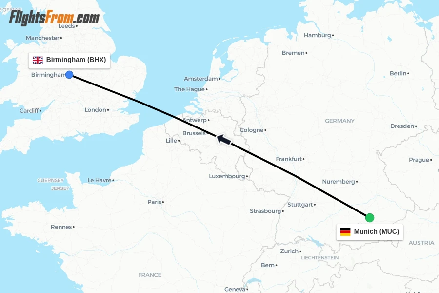 Flights from Munich to Birmingham route map