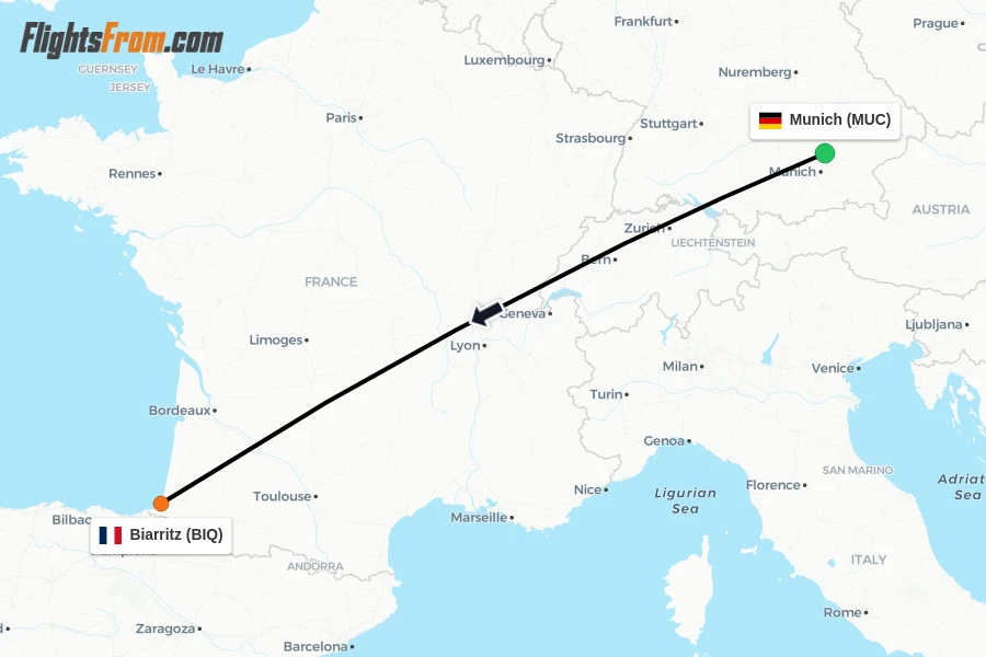 Flights from Munich to Biarritz route map