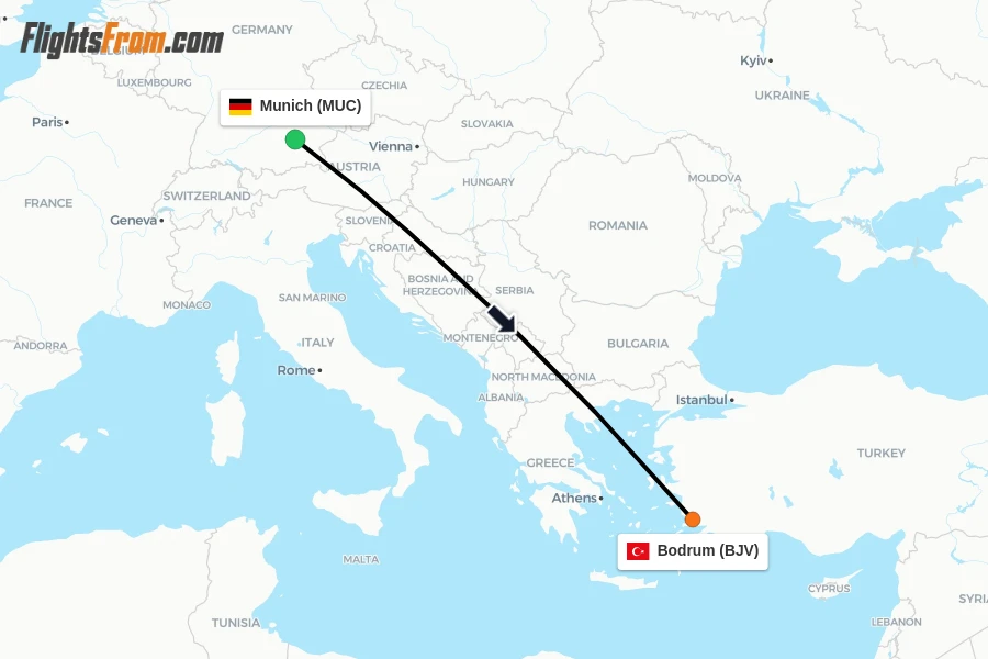 Flights from Munich to Bodrum route map