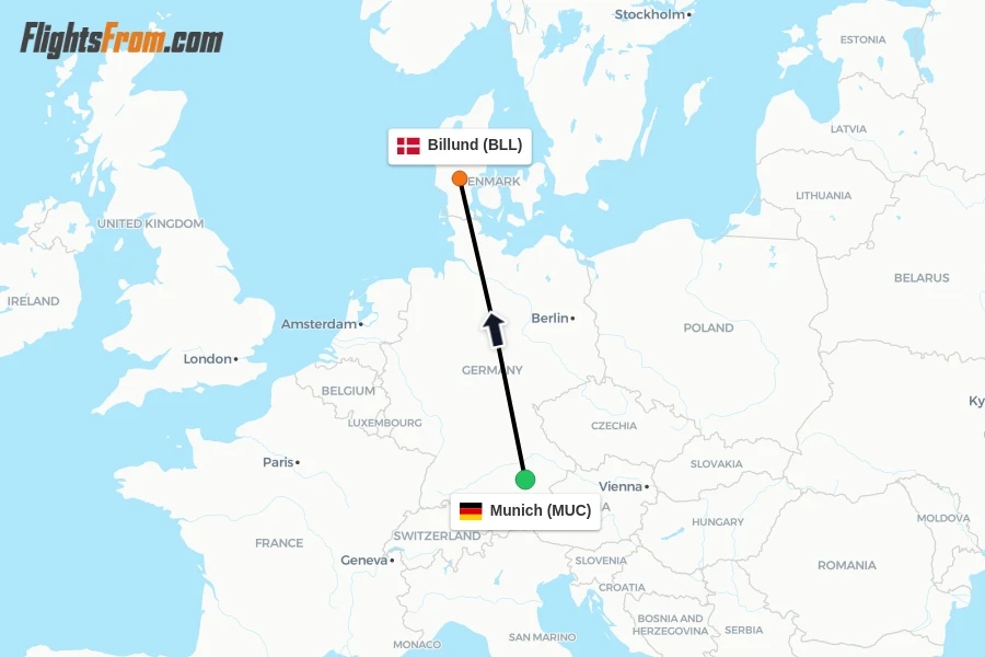 Flights from Munich to Billund route map