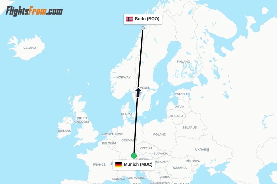 Flights from Munich to Bodo route map