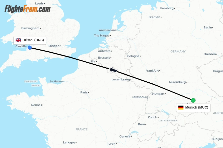 Flights from Munich to Bristol route map