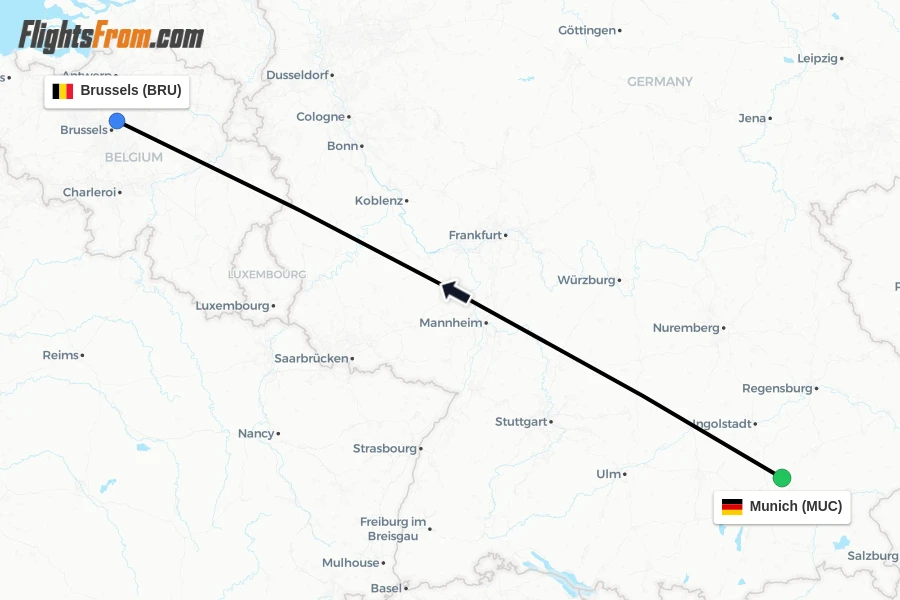 Flights from Munich to Brussels route map