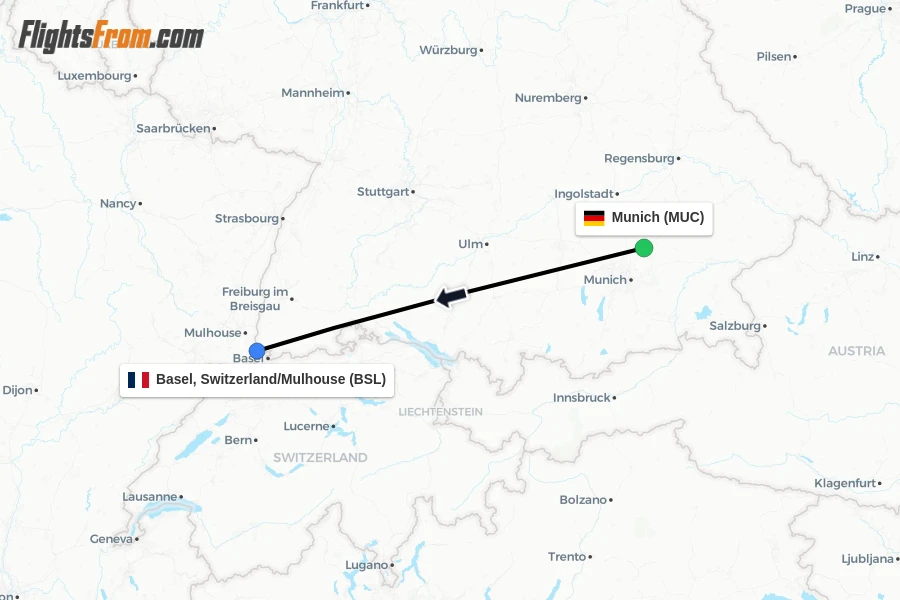 Flights from Munich to Basel, Switzerland/Mulhouse route map