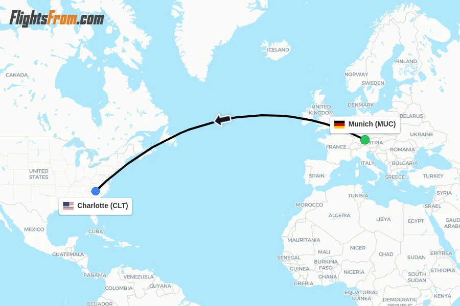 Flights from Munich to Charlotte route map