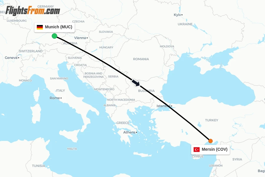 Flights from Munich to Mersin route map