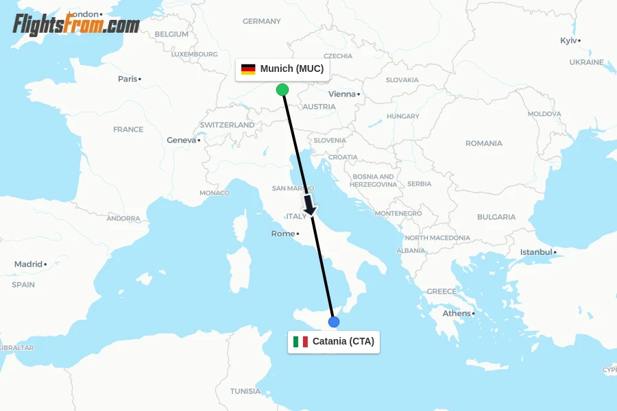 Flights from Munich to Catania route map