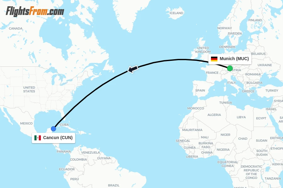 Flights from Munich to Cancun route map