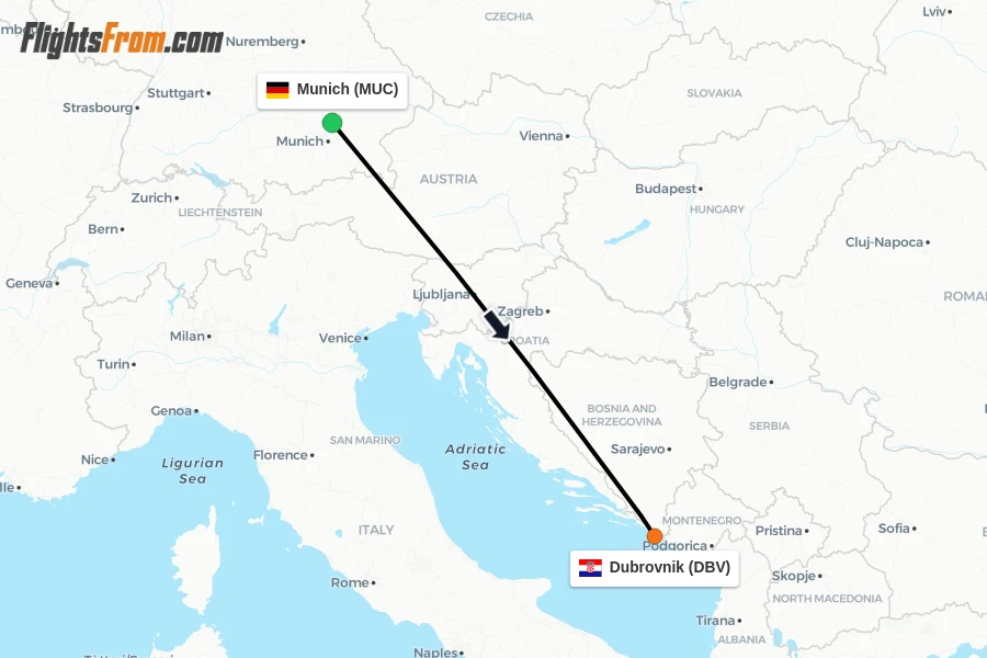 Flights from Munich to Dubrovnik route map