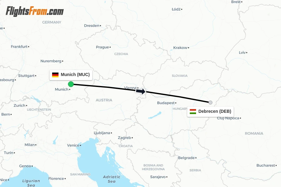 Flights from Munich to Debrecen route map