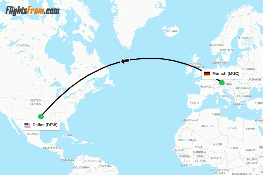 Flights from Munich to Dallas route map