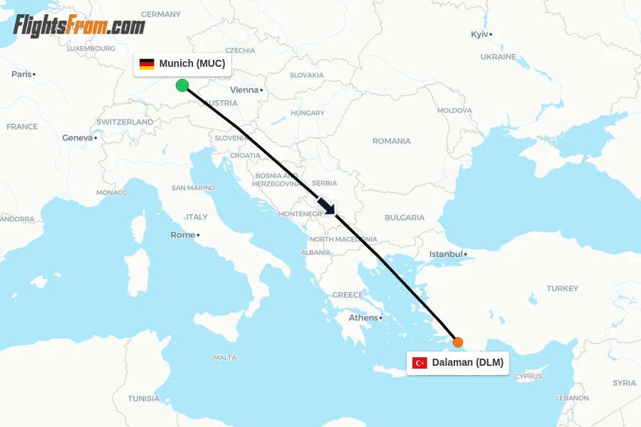 Flights from Munich to Dalaman route map