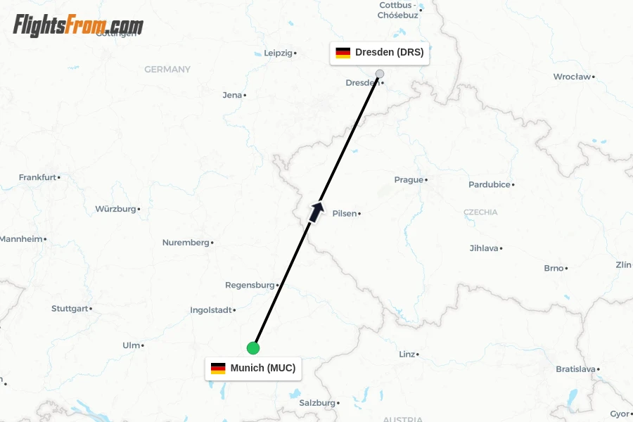 Flights from Munich to Dresden route map