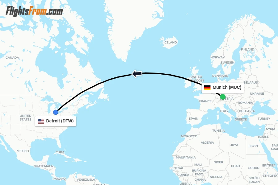 Flights from Munich to Detroit route map