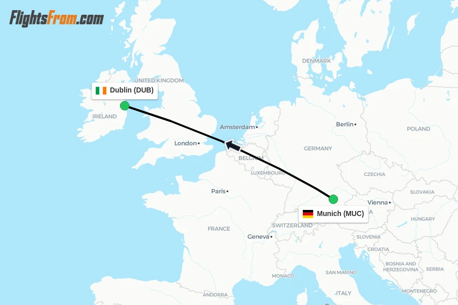 Flights from Munich to Dublin route map