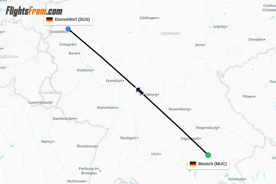 Flights from Munich to Dusseldorf route map