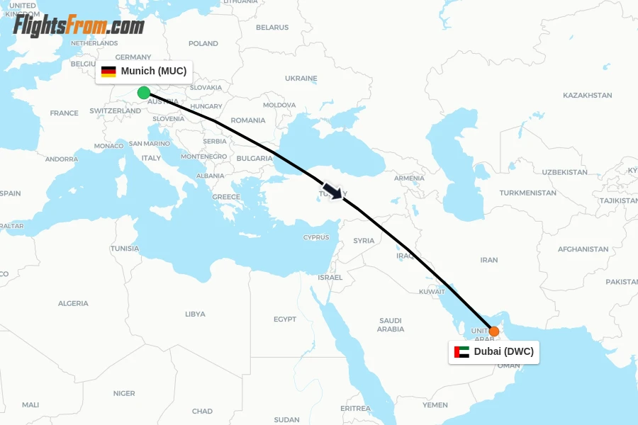 Flights from Munich to Dubai route map