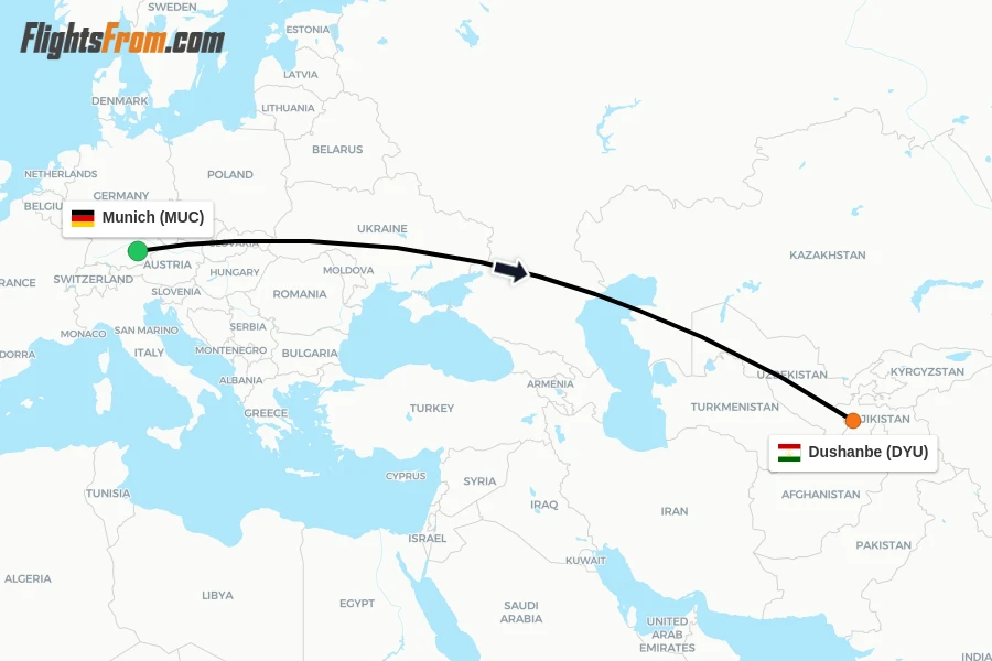 Flights from Munich to Dushanbe route map