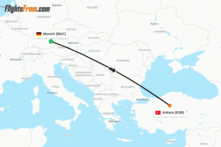 Flights from Munich to Ankara route map