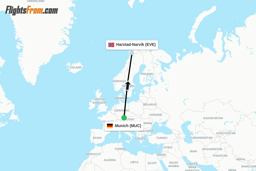 Flights from Munich to Harstad-Narvik route map