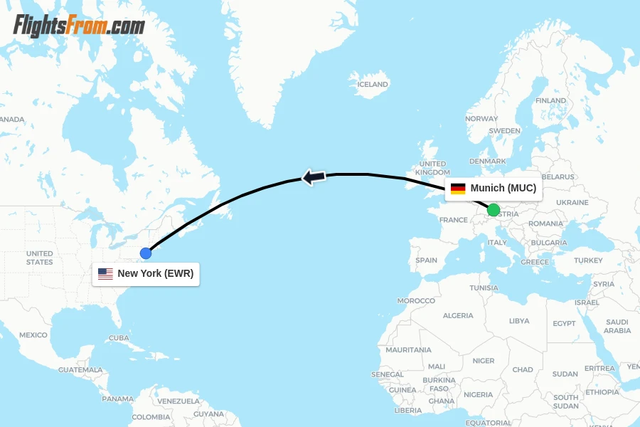 Flights from Munich to New York route map