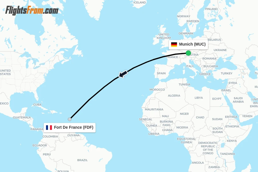 Flights from Munich to Fort De France route map