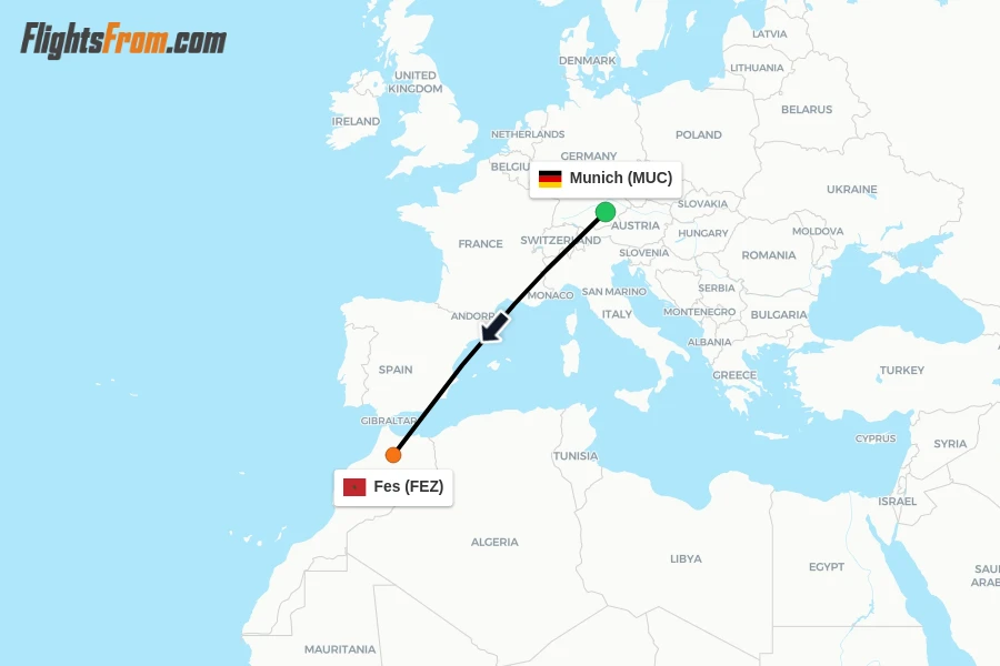 Flights from Munich to Fes route map