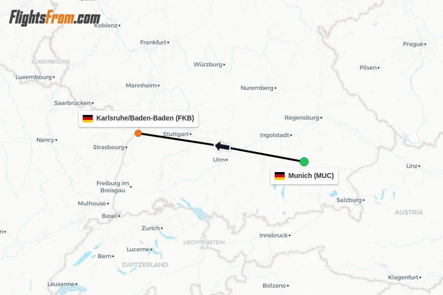Flights from Munich to Karlsruhe/Baden-Baden route map