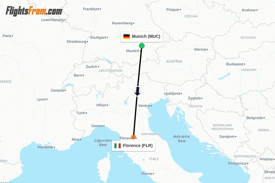 Flights from Munich to Florence route map