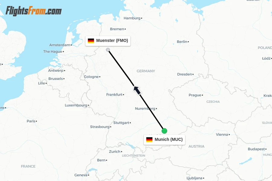 Flights from Munich to Muenster route map