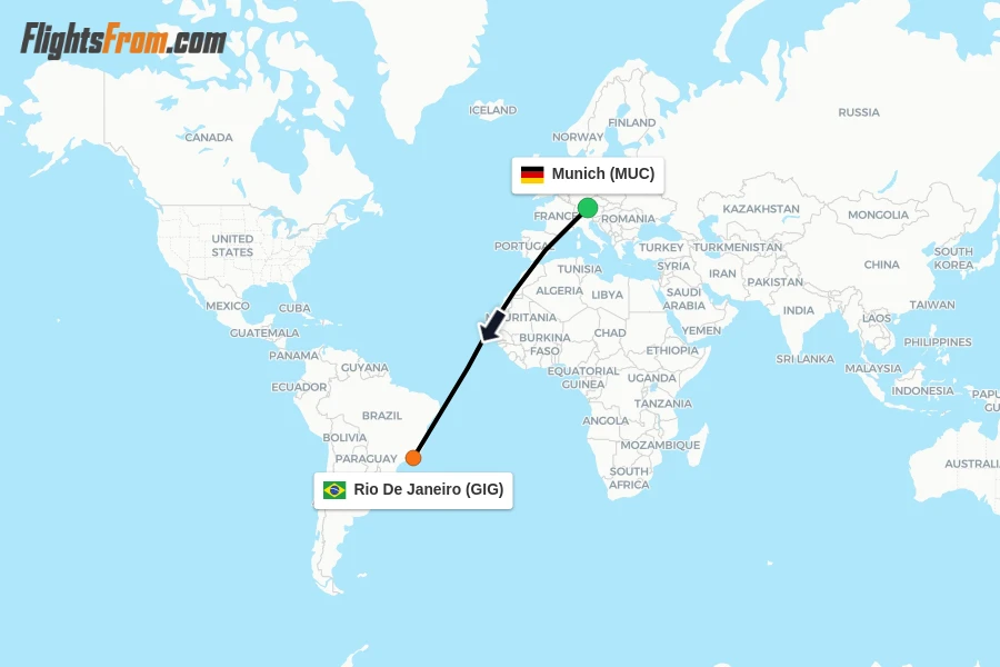 Flights from Munich to Rio De Janeiro route map