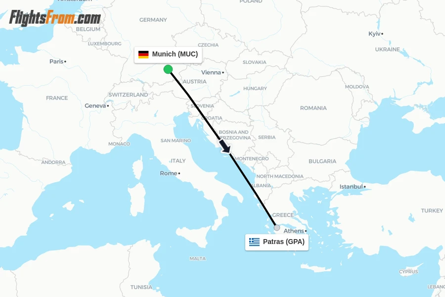 Flights from Munich to Patras route map