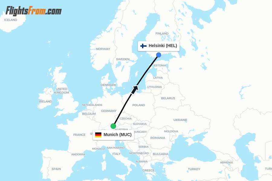 Flights from Munich to Helsinki route map