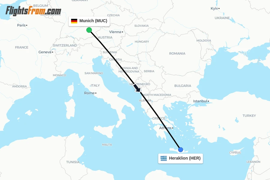 Flights from Munich to Heraklion route map