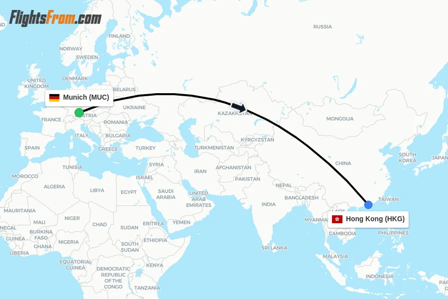 Flights from Munich to Hong Kong route map