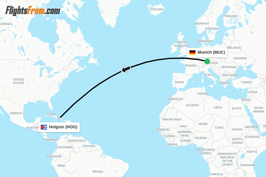 Flights from Munich to Holguin route map