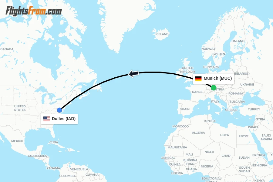 Flights from Munich to Dulles route map