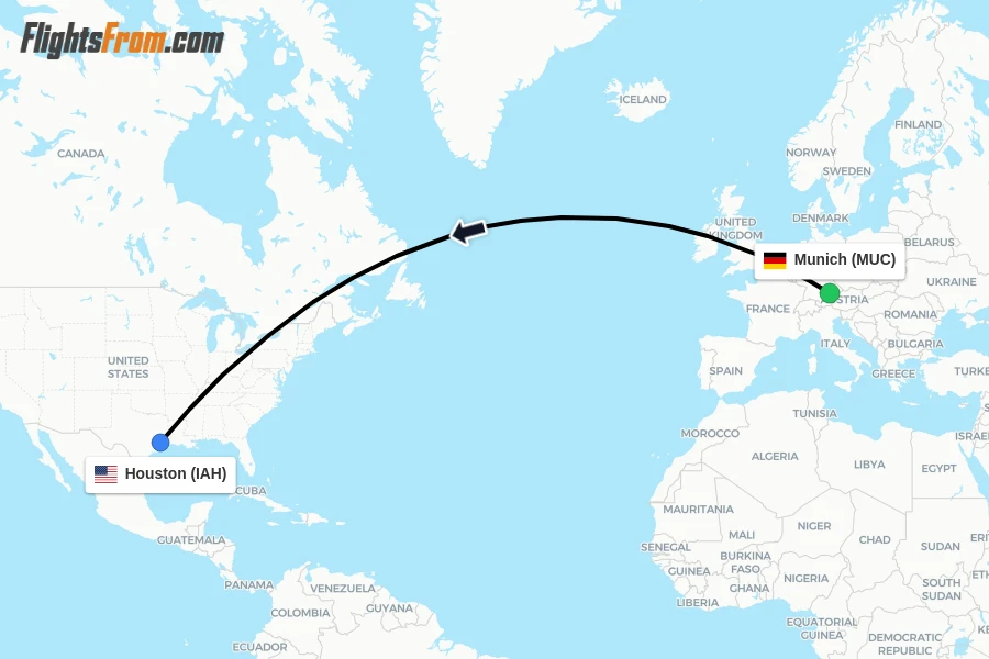 Flights from Munich to Houston route map
