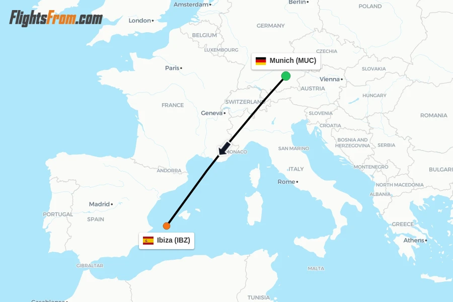 Flights from Munich to Ibiza route map