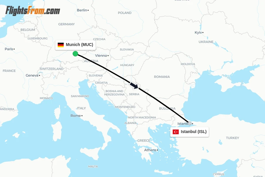 Flights from Munich to Istanbul route map