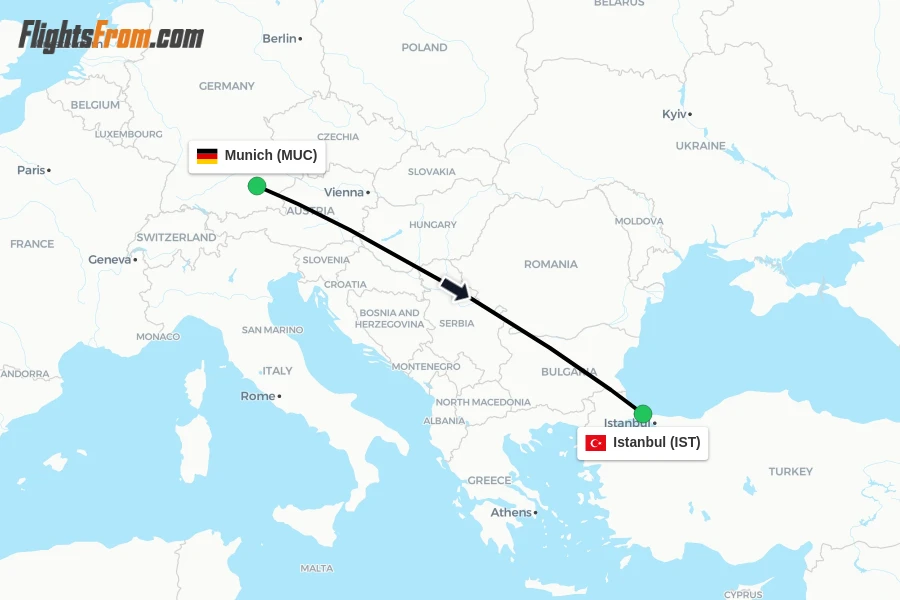 Flights from Munich to Istanbul route map