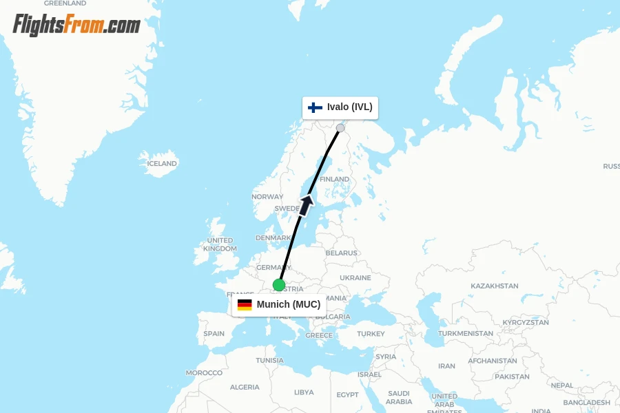 Flights from Munich to Ivalo route map